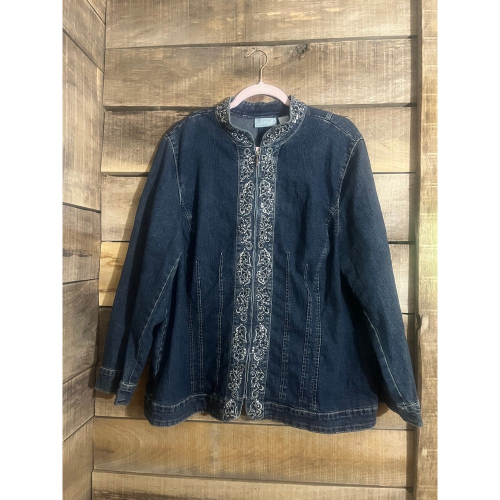 Liz & Me Womens Plus Size 0X Dark Wash Embroidered Sequin Zip Front Denim Jacket
